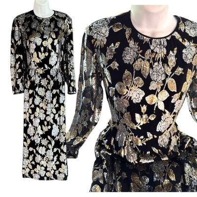 Adele Simpson Vintage Metallic Silver Gold Black Formal Mod Cocktail Dress 14 - Image 1 of 4