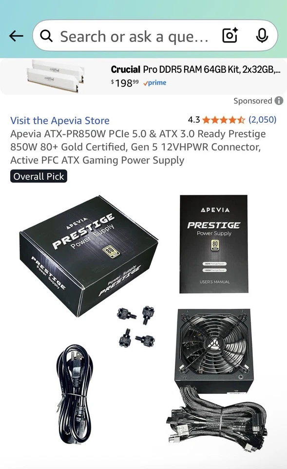 Apevia Prestige ATX-PR850W PCIE5.0 850 W 80 PLUS Gold internal Power supply