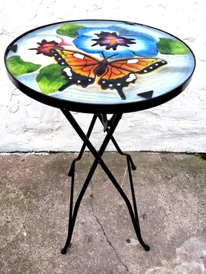 ROUND FOLDING GLASS BISTRO PATIO TABLE FLOWER & BUTTERFLY DESIGN - Image 1 of 4