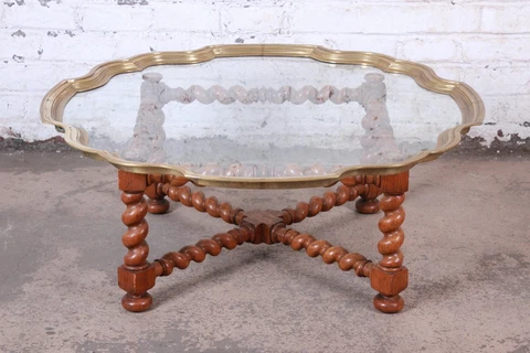 Baker Furniture English Barley Twist Oak, Brass, and Glass Cocktail Table Cover