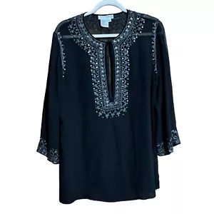 Maggy London Top Womens 14 Petite Black Sequin Embellished Sheer Silk Blouse - Picture 1 of 7
