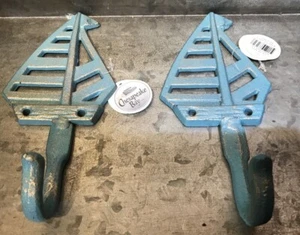 2 Blue Sail Boat Wall Hooks 7" Cast Iron Coat Robe Towel Key Pot Nautical Beach - Picture 1 of 8