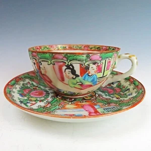 Taza y platillo medallón rosa chino sin marca antiguo 1860-1890 Famille Rose Expo - Imagen 1 de 10