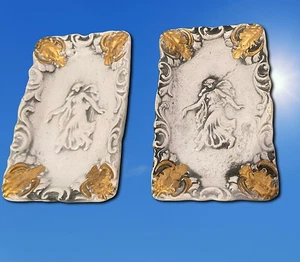 Royal Sealy Japan Three Graces Trinket Tray SET 2 White Gold Relief Vtg 1950s - Picture 1 of 6