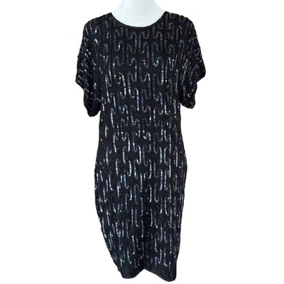 Vintage Stenay Silk Beaded Party Cocktail Dress Women's 14 Black Sheath Sequins - Image 1 of 4