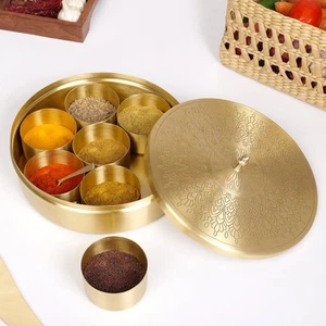 Indian spice box container -Brass masala Dabba, 9-inch Brasss Spices Box with... - Picture 1 of 8