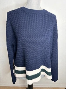 Lou & Grey Textured Cricket Sweater Navy Blue Green Pullover Cotton Size M - Picture 1 of 9