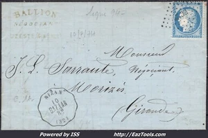 FRANCE N° 60A SUR LETTRE AMBULANT BC2° + CONVOYEUR STATION NIZAN DU 10/07/1874 - Picture 1 of 2