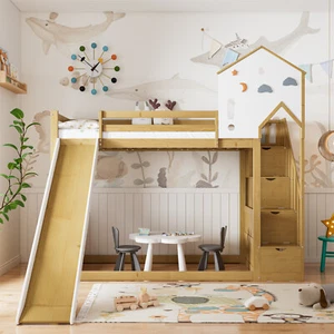 Etagenbett Hausbett Kinderbett Einzelbett 90x200 cm mit Stauraumtreppe Rutsche - Bild 1 von 11