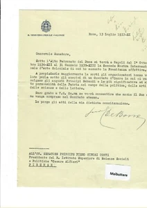 Carta Mecanografiada Del Ministro E. De Bono Ministro Para Las Colonias Año 1933 - Bild 1 von 2