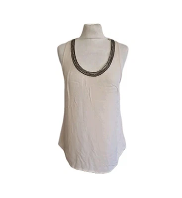 Joie Women Silk Ivory Sleeveless Beaded Neck Cropped Tank Top Round Neck. Medium - Image 1 of 4
