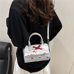 Polka Dot Boston Handbag Bow Small Square Bag Crossbody Bowling Bag School - Picture 1 of 14