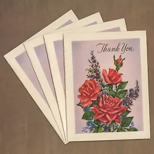 LOT OF 4 Vintage THANK YOU Blank Notecards + Envelopes, Red Rose Flowers Garden - Picture 1 of 5