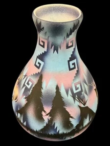 Vintage bemalte Pastell Kunstkeramik Vase signiert A WARREN DINEH Indianer Navajo - Bild 1 von 10