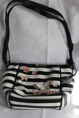 Bolso Cartera Liz Claiborne Elegante Blanco y Negro Rayas Mariposa Flores Foto 1 de 3