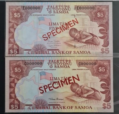 1985 / 2002 WESTERN SAMOA 5 Tala "SPECIMEN"GEM UNC {P-26s} {P-33bs} Prefix C & E - Image 1 of 4