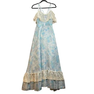 Vtg Dance Allure Lace Ruffle Blue Cottagecore Whimsy Dress XS/S Blue Union Made - Picture 1 of 19