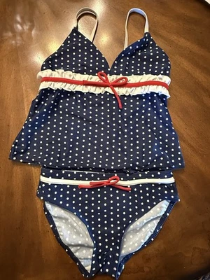 Traje de baño Tankini Joe Boxer patriótico a lunares azul marino y blanco niñas talla 7/8 Foto 1 de 4