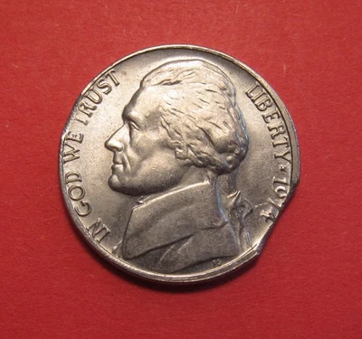 1974 Jefferson Nickel Mint Error - Double Clipped Planchet - Image 1 of 2