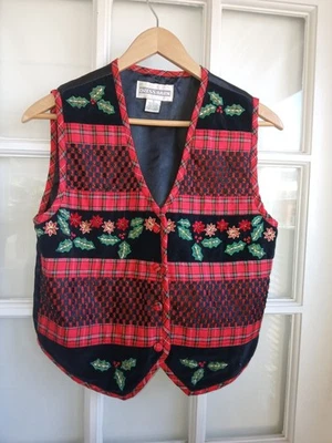 De colección Dressbarn S Terciopelo Cuadros Bordado Navidad Chaleco Casa Núcleo Abuela  Foto 1 de 4