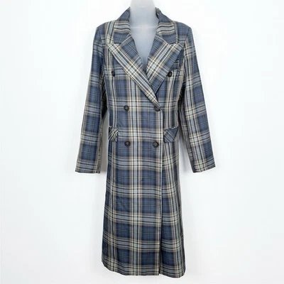Chaqueta Avec Les Filles Mujer Mediana Azul A Cuadros Larga Trinchera Doble Pecho DEFECTUOSA Foto 1 de 4