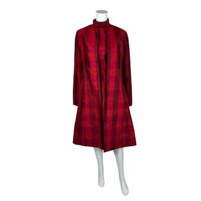 Vintage 60s Dress Set Women's Large Mod Madras Hot Pink Red Silk Cocktail Sheath - Image 1 of 4