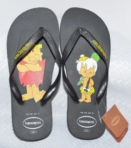 VTG NWT Havainans Flintstones Barney Bamm Bamm Black Graphic Flip Flops Mens 12W - Picture 1 of 6