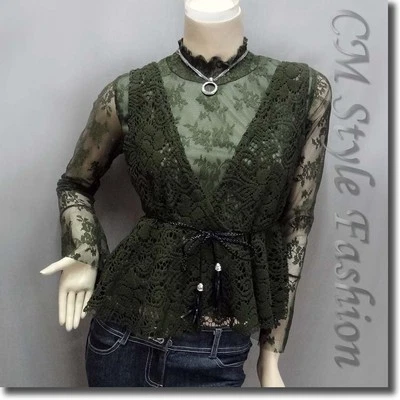 Blusa Top 2 Piezas Encaje Cuello Alto Manga Larga con Chaleco Crochet Verde S Foto 1 de 4