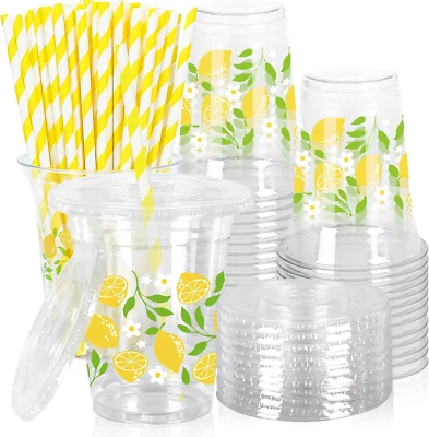 50Pcs 12Oz Lemon Floral Plastic Cup with Lid & Straw Yellow Green Flower Clear D - Image 1 of 4