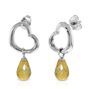 14K Solid White Gold Heart Earrings with Dangling Natural Citrines - Picture 1 of 3
