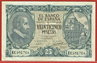 BANCO DE ESPANA 9. 1. 1940(1943) 25 PESETAS (PICK#116a) VF/XF (PRINTED IN MILAN) - Image 1 of 2