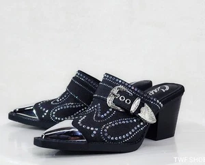 Vive Western Slip On Mules Black Denim Rhinestones Metal Toe Guard Design - Picture 1 of 8