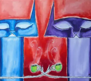 Cat Painting Original Coffee House Contemporary Folk Art By Josh Merritt - Picture 1 of 9