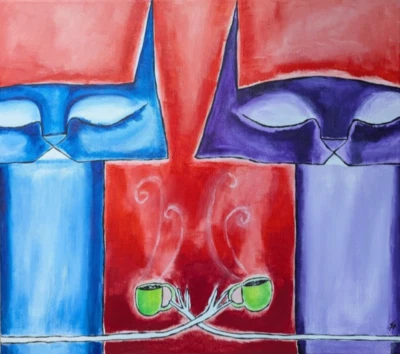 Black Cat Painting Original Coffee Cups Contemporary Folk Art Samantha McLean - Image 1 of 4