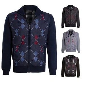Mens Diamond Pattern Fur Line Zip Up Knitwear Pocket Grandad Cardigan - Imagen 1 de 13