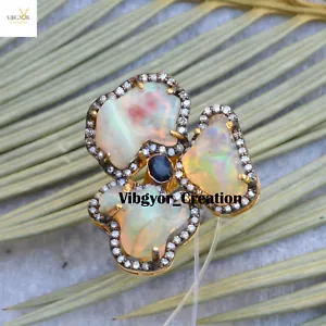 Anillo de flores de ópalo crudo natural pavimentado diamantes piedra preciosa plata 925 chapado en oro regalo - Imagen 1 de 5