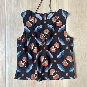 Margaret Howell Cotton Sleeveless Sheer Blouse Black with Red/Blue Pattern Used - Picture 1 of 8
