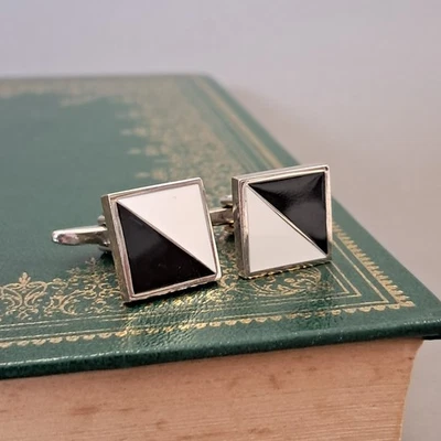 Square black and white design Vintage cufflinks Silver Square Cufflinks LL-320 - Image 1 of 3