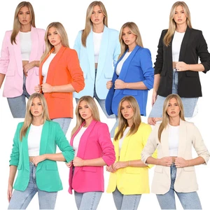 Womens Ruched Sleeve Fully Lined Blazer Collared Casual Ladies Formal Jacket Top - Picture 1 of 30