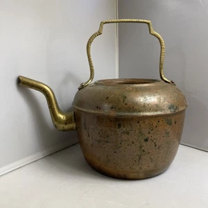 Fioriera rustica vintage teiera rame ottone con manico ottone NO COPERCHIO - Foto 1 di 10