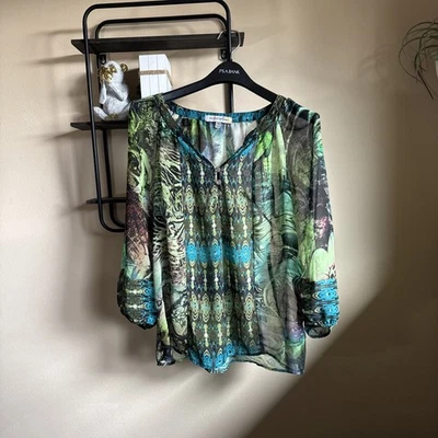 Blusa Campesina Figueroa & Flower XL Floral Verde Transparente Poli BOHO Manga 3/4 Foto 1 de 4
