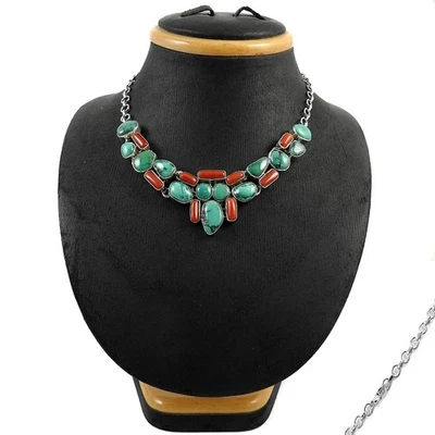 Naturale Corallo Gemma Gioielli 925 Argento Sterling Grappolo Collana Per Donna - Immagine 1 di 4