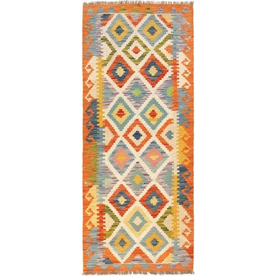 Reversible Kilim Geometric Hand Knotted 7 ft Runner Wool Hallway Wool Rug B30551 - Image 1 of 4