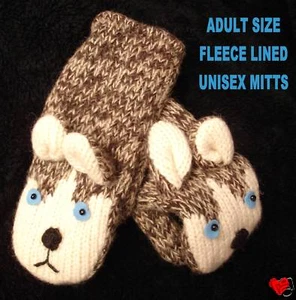 SIBERIAN HUSKY MITTENS puppet LND knit ADULT animal huskies dogs mens women MITT - Picture 1 of 4