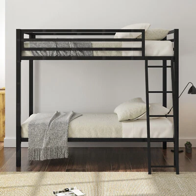 Sifurni Twin Over Twin Bunk Bed Frame with Ladder and Guard Rail, Matte Black