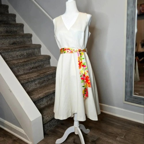 OFF WHITE Abito Lilly Pulitzer vintage bianco sporco aderente e svasato cintura cotone lino taglia 10