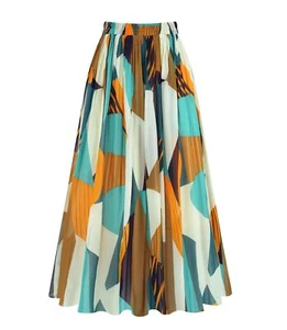 Women's Pleated Skirt Chiffon Elastic Waist A-Line Midi Length Skirt Geometric L - Picture 1 of 5