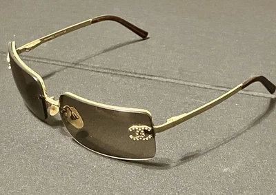 RARE Chanel Crystal Logo Rimless Sunglasses Gold/Mocha Rhinestones 4104-B 125 - Image 1 of 4