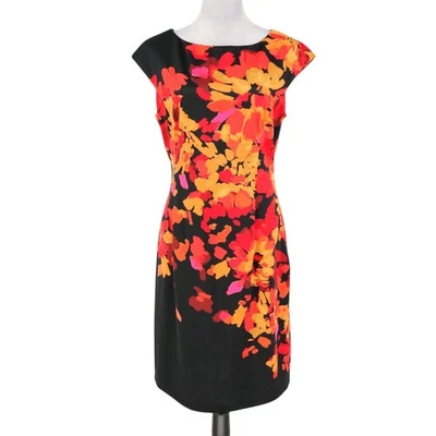 London Times Dress Womens 14 Black Orange Floral Lined Side Zip Party Career - Image 1 of 4