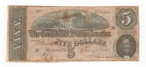 Banconota 5 dollari 1864 Stati Confederati d'America grezza circolata 7194 - Foto 1 di 2